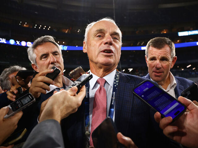 TORONTO, ONTARIO - OCTOBER 25: Rob Manfred, commissioner of Major League Baseball, talks to the media before game two of the 2025 World Series between the Toronto Blue Jays and the Los Angeles Dodgers at Rogers Center on October 25, 2025 in Toronto, Ontario.