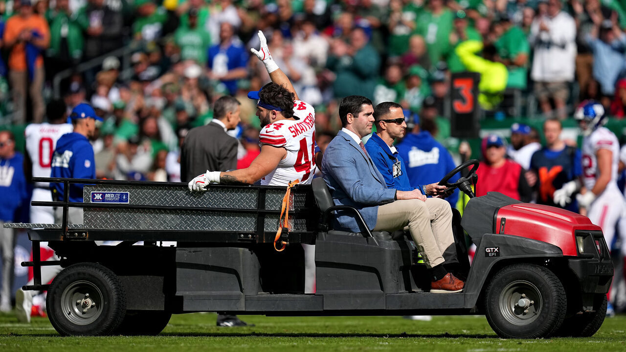 PHILADELPHIA, PENNSYLVANIA - OCTOBER 26: Cam Skattebo #44 of the New York Giants is carted off the field during the second quarter in the game against the Philadelphia Eagles at Lincoln Financial Field on October 26, 2025 in Philadelphia, Pennsylvania.
