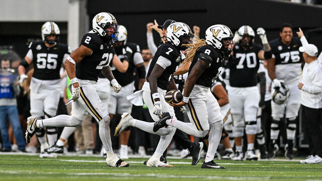 NASHVILLE, TENNESSEE - OCTOBER 25: CJ Heard #8, Marlen Sewell #7, and Randon Fontenette #2 of the Vanderbilt Commodores celebrate an interception against the Missouri Tigers in the second half at FirstBank Stadium on October 25, 2025 in Nashville, Tennessee.