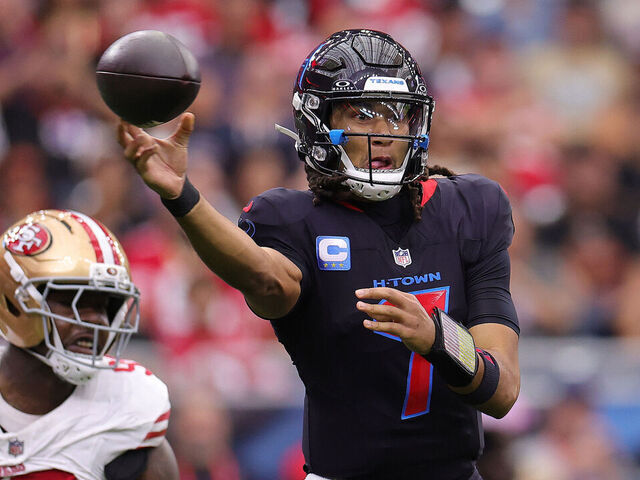 HOUSTON, TEXAS - OCTOBER 26: C.J. Stroud #7 of the Houston Texans makes a pass in the first quarter of the game against the San Francisco 49ers at NRG Stadium on October 26, 2025 in Houston, Texas.