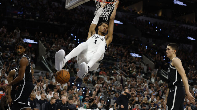 SAN ANTONIO, TX - OCTOBER 26: Victor Wembanyama #1 of the San Antonio Spurs dunks against the Brooklyn Nets in first half of a game at Frost Bank Center on October 26, 2025 in San Antonio, Texas. NOTE TO USER: User expressly acknowledges and agrees that, by downloading and or using this photograph, User is consenting to terms and conditions of the Getty Images License Agreement.