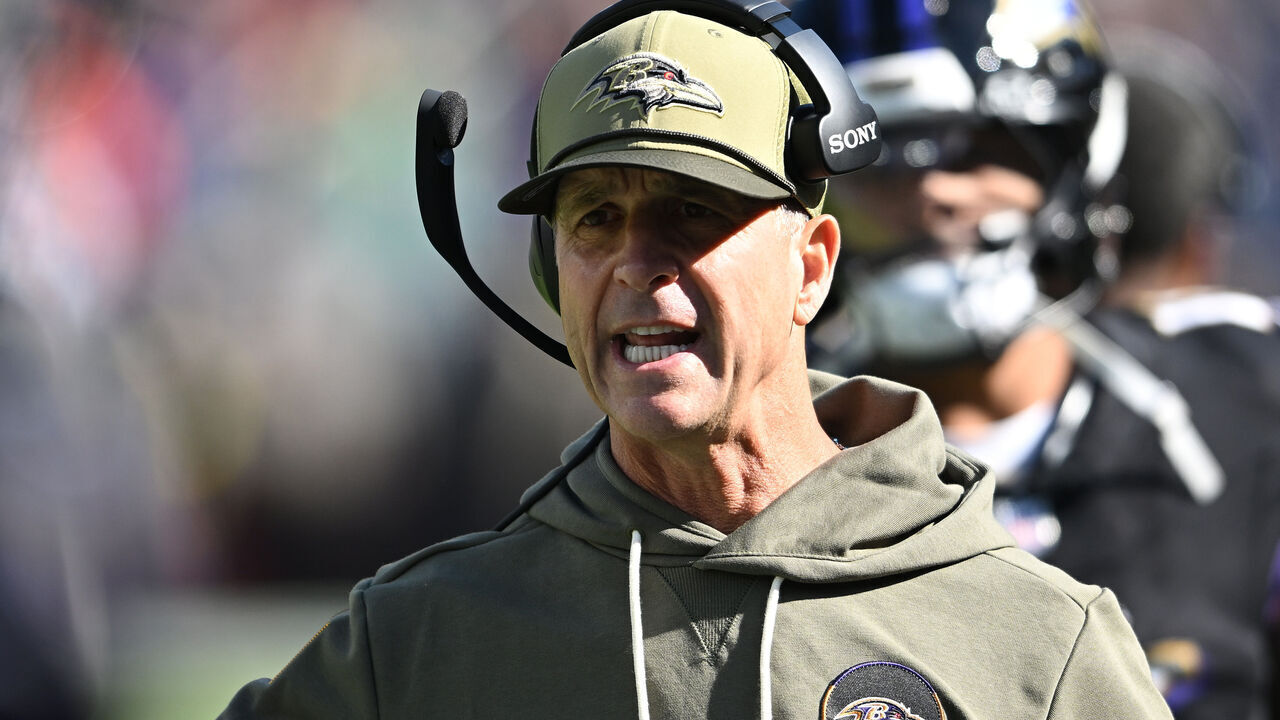 BALTIMORE, MARYLAND - OCTOBER 26: Head coach John Harbaugh of the Baltimore Ravens reacts in the second quarter of the game against the Chicago Bears at M&T Bank Stadium on October 26, 2025 in Baltimore, Maryland.