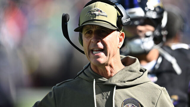 BALTIMORE, MARYLAND - OCTOBER 26: Head coach John Harbaugh of the Baltimore Ravens reacts in the second quarter of the game against the Chicago Bears at M&T Bank Stadium on October 26, 2025 in Baltimore, Maryland.