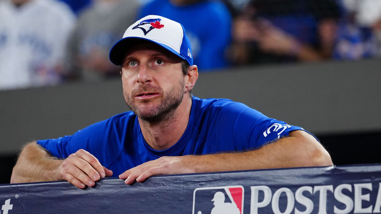 TORONTO, ON - OCTOBER 20: Max Scherzer #31 of the Toronto Blue Jays looks on from the dugout prior to Game Seven of the American League Championship Series presented by loanDepot between the Seattle Mariners and the Toronto Blue Jays at Rogers Centre on Monday, October 20, 2025 in Toronto, Ontario, Canada.