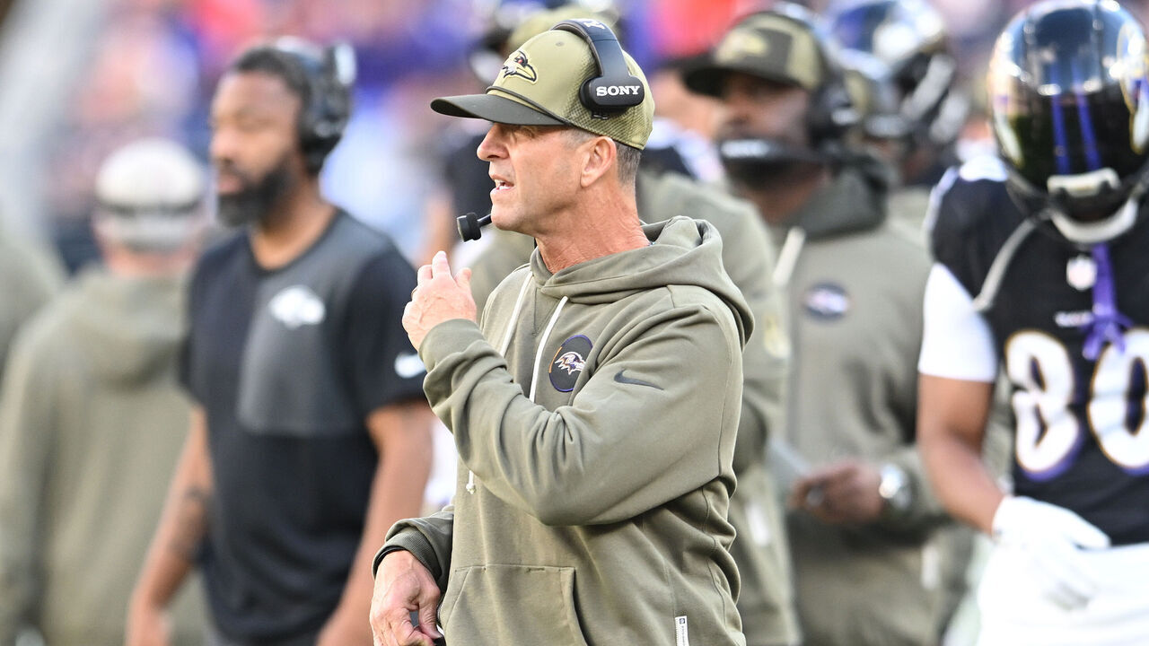 BALTIMORE, MARYLAND - OCTOBER 26: Head coach John Harbaugh of the Baltimore Ravens looks on against the Chicago Bears during the fourth quarter in the game at M&T Bank Stadium on October 26, 2025 in Baltimore, Maryland.
