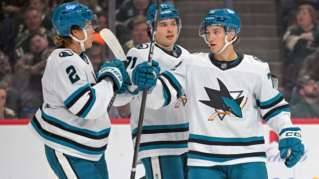 SAINT PAUL, MN - OCTOBER 26: San Jose Sharks forward William Eklund (72) celebrates his power play goal with San Jose Sharks forward Will Smith (2) and San Jose Sharks forward Macklin Celebrini (71) during the first period of a NHL game between the Minnesota Wild and San Jose Sharks on October 26, 2025, at Grand Casino Arena in Saint Paul, MN.