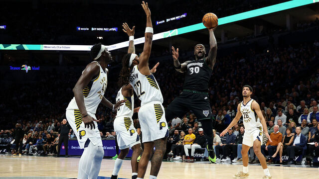 MINNEAPOLIS, MINNESOTA - OCTOBER 26: Julius Randle #30 of the Minnesota Timberwolves goes up for a shot against Isaiah Jackson #22 of the Indiana Pacers in the fourth quarter during the home opener at Target Center on October 26, 2025 in Minneapolis, Minnesota. The Timberwolves defeated the Pacers 114-110.
