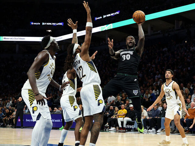 MINNEAPOLIS, MINNESOTA - OCTOBER 26: Julius Randle #30 of the Minnesota Timberwolves goes up for a shot against Isaiah Jackson #22 of the Indiana Pacers in the fourth quarter during the home opener at Target Center on October 26, 2025 in Minneapolis, Minnesota. The Timberwolves defeated the Pacers 114-110.