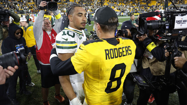 PITTSBURGH, PENNSYLVANIA - OCTOBER 26: (L-R) Jordan Love #10 of the Green Bay Packers greets Aaron Rodgers #8 of the Pittsburgh Steelers following the game at Acrisure Stadium on October 26, 2025 in Pittsburgh, Pennsylvania.