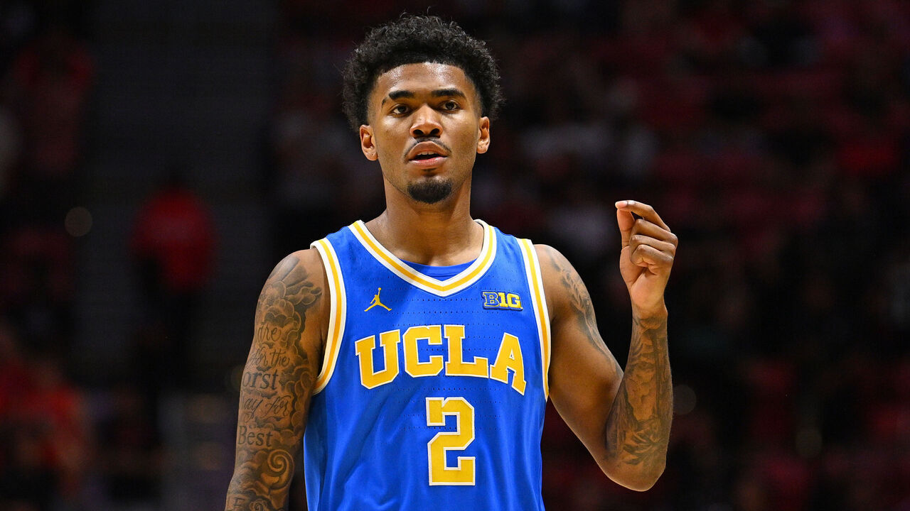 SAN DIEGO, CA - OCTOBER 17: UCLA Bruins guard Donovan Dent (2) looks on during a college basketball exhibition game between the UCLA Bruins and the San Diego State Aztecs on October 17, 2025, at Viejas Arena in San Diego, California