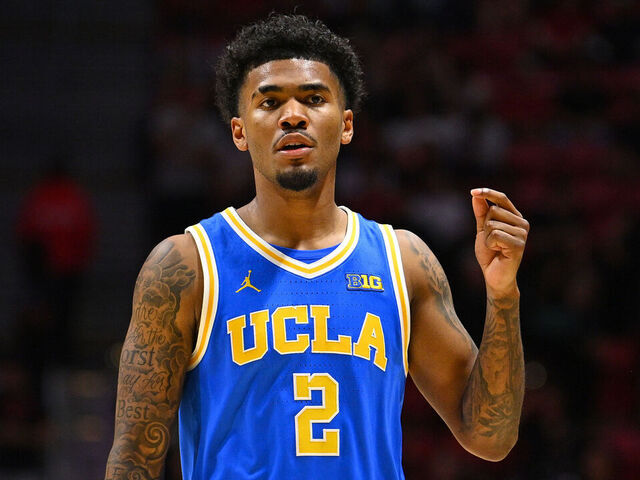 SAN DIEGO, CA - OCTOBER 17: UCLA Bruins guard Donovan Dent (2) looks on during a college basketball exhibition game between the UCLA Bruins and the San Diego State Aztecs on October 17, 2025, at Viejas Arena in San Diego, California