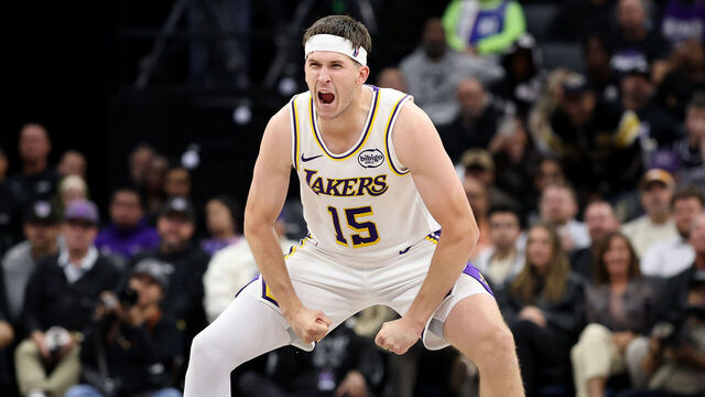 SACRAMENTO, CALIFORNIA - OCTOBER 26: Austin Reaves #15 of the Los Angeles Lakers reacts after the Lakers made a basket against the Sacramento Kings at Golden 1 Center on October 26, 2025 in Sacramento, California. Reaves finished with a career high 51 points. NOTE TO USER: User expressly acknowledges and agrees that, by downloading and/or using this photograph, user is consenting to the terms and conditions of the Getty Images License Agreement.