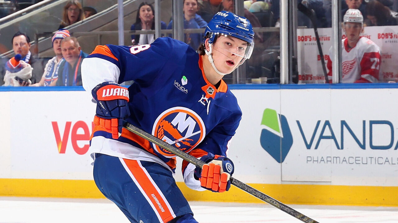 ELMONT, NEW YORK - OCTOBER 23: Matthew Schaefer #48 of the New York Islanders skates against the Detroit Red Wings at UBS Arena on October 23, 2025 in Elmont, New York.
