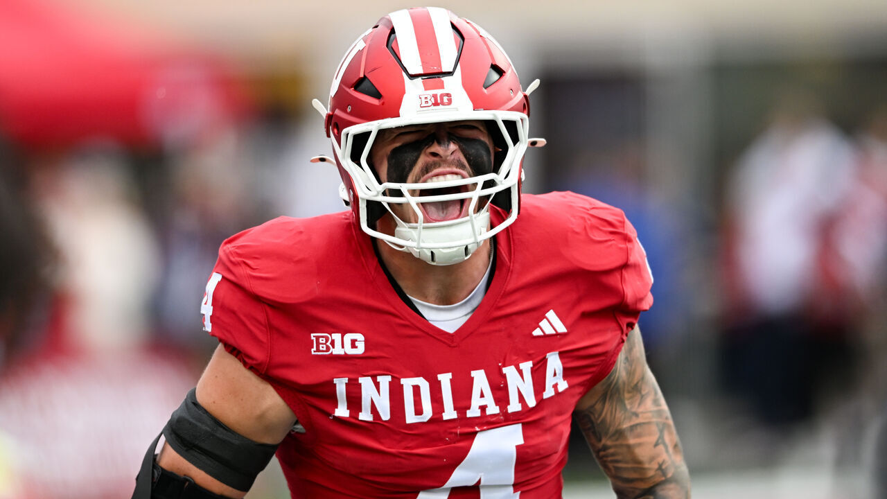 BLOOMINGTON, IN - OCTOBER 25: Indiana Hoosiers LB Aiden Fisher (4) celebrates an interception return for a touchdown during a college football game between the UCLA Bruins and Indiana Hoosiers on October 25, 2025 at Memorial Stadium in Bloomington, IN