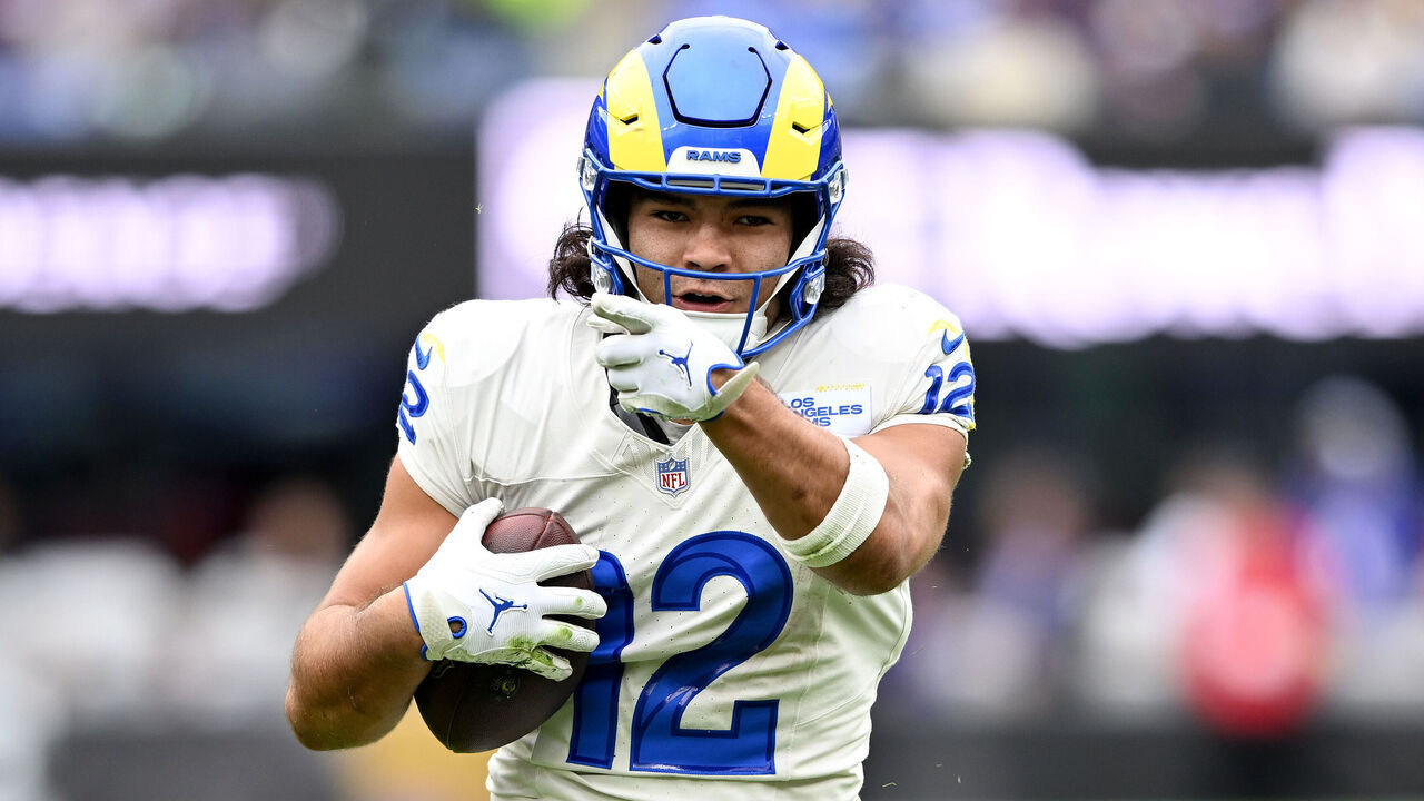 BALTIMORE, MARYLAND - OCTOBER 12: Puka Nacua #12 of the Los Angeles Rams celebrates after a first down against the Baltimore Ravens in the game at M&T Bank Stadium on October 12, 2025 in Baltimore, Maryland.