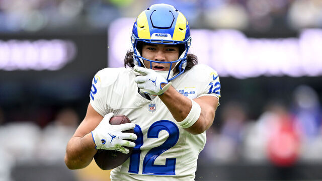 BALTIMORE, MARYLAND - OCTOBER 12: Puka Nacua #12 of the Los Angeles Rams celebrates after a first down against the Baltimore Ravens in the game at M&T Bank Stadium on October 12, 2025 in Baltimore, Maryland.