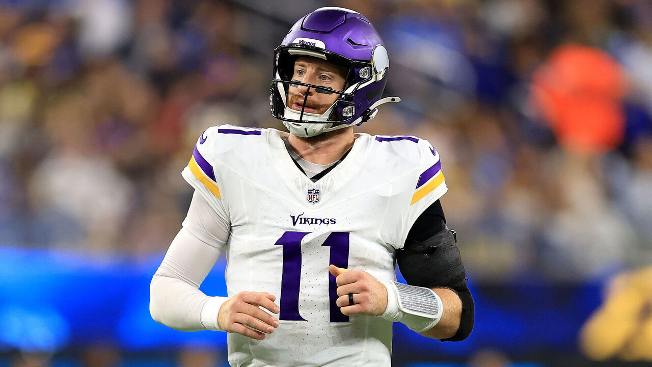 INGLEWOOD, CALIFORNIA - OCTOBER 23: Carson Wentz #11 of the Minnesota Vikings in action against the Los Angeles Chargers at SoFi Stadium on October 23, 2025 in Inglewood, California.