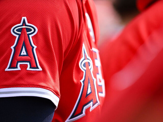 CLEVELAND, OHIO - JUNE 01: A view of the Los Angeles Angels logo during the eighth inning against the Cleveland Guardians at Progressive Field on June 01, 2025 in Cleveland, Ohio.