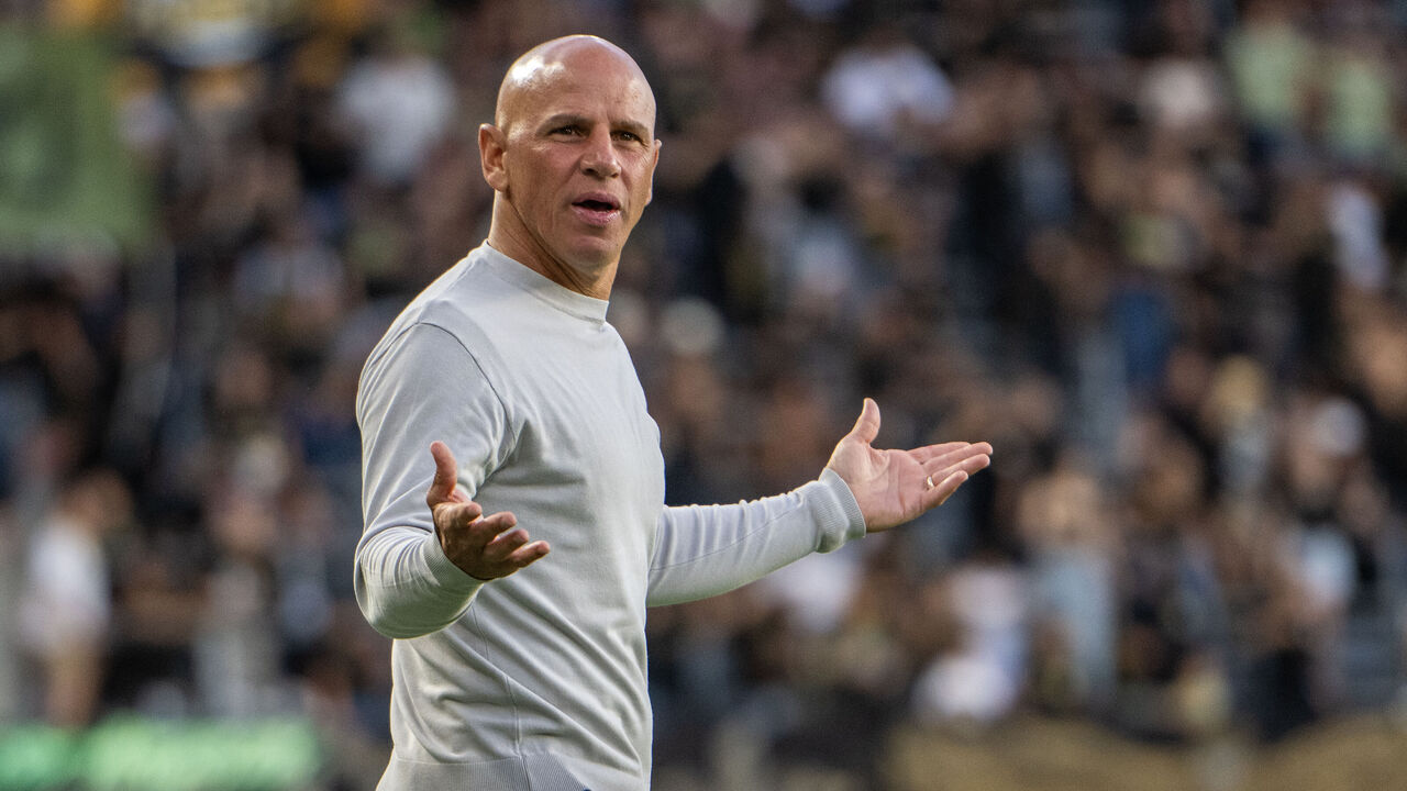 LOS ANGELES, CA - JULY 9: Chris Armas head coach of Colorado Rapids reacts during the first half of the match against Los Angeles FC at BMO Stadium on July 9, 2025 in Los Angeles, California. Los Angeles FC won the match 3-0