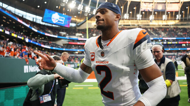 LONDON, ENGLAND - OCTOBER 12: Pat Surtain II of Denver Broncos reacts after the NFL 2025 game between Denver Broncos and New York Jets at Tottenham Hotspur Stadium on October 12, 2025 in London, England.