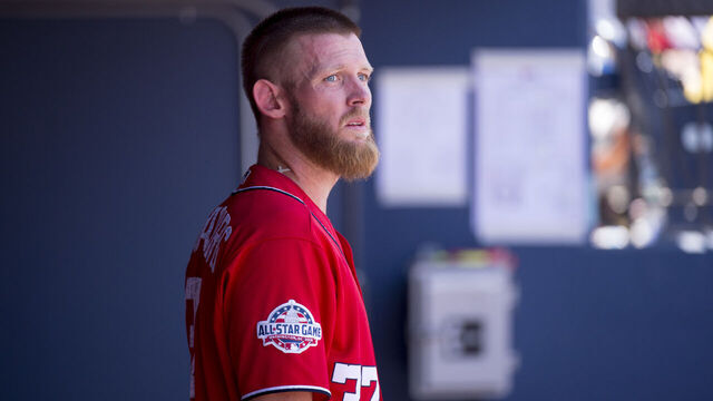 WEST PALM BEACH, FL - MARCH 25: Washington Nationals Pitcher Stephen Strasburg (37) in the dugout during an MLB spring training game between the St Louis Cardinals and the Washington Nationals at The Ballpark of the Palm Beaches in West Palm Beach, Florida on March 25, 2018.