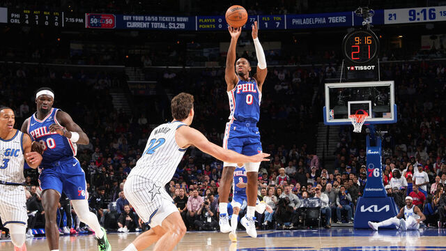 PHILADELPHIA, PA - OCTOBER 27: Tyrese Maxey #0 of the Philadelphia 76ers shoots a three point basket during the game against the Orlando Magic on October 27, 2025 at the Wells Fargo Center in Philadelphia, Pennsylvania NOTE TO USER: User expressly acknowledges and agrees that, by downloading and/or using this Photograph, user is consenting to the terms and conditions of the Getty Images License Agreement. Mandatory Copyright Notice: Copyright 2025 NBAE
