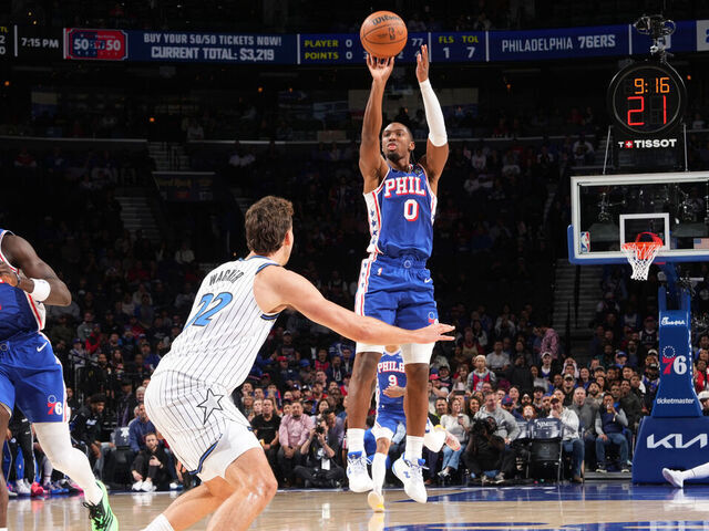 PHILADELPHIA, PA - OCTOBER 27: Tyrese Maxey #0 of the Philadelphia 76ers shoots a three point basket during the game against the Orlando Magic on October 27, 2025 at the Wells Fargo Center in Philadelphia, Pennsylvania NOTE TO USER: User expressly acknowledges and agrees that, by downloading and/or using this Photograph, user is consenting to the terms and conditions of the Getty Images License Agreement. Mandatory Copyright Notice: Copyright 2025 NBAE
