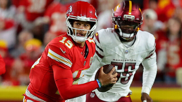 KANSAS CITY, MISSOURI - OCTOBER 27: Patrick Mahomes #15 of the Kansas City Chiefs scrambles against the Washington Commanders during the first quarter in the game at Arrowhead Stadium on October 27, 2025 in Kansas City, Missouri.