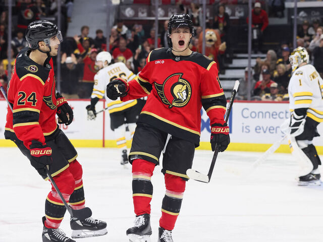 OTTAWA, ON - OCTOBER 27: Tim Stutzle #18 of the Ottawa Senators celebrates his third period goal against the Boston Bruins on October 27, 2025, at Canadian Tire Centre in Ottawa, ON, Canada.