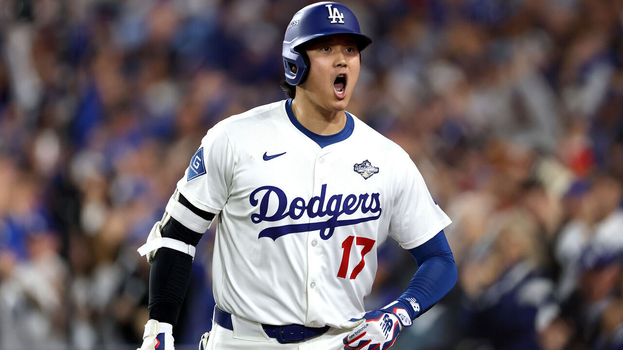 LOS ANGELES, CALIFORNIA - OCTOBER 27: Shohei Ohtani #17 of the Los Angeles Dodgers celebrates after hitting a home run during the seventh inning against the Toronto Blue Jays in game three of the 2025 World Series at Dodger Stadium on October 27, 2025 in Los Angeles, California.