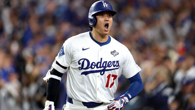LOS ANGELES, CALIFORNIA - OCTOBER 27: Shohei Ohtani #17 of the Los Angeles Dodgers celebrates after hitting a home run during the seventh inning against the Toronto Blue Jays in game three of the 2025 World Series at Dodger Stadium on October 27, 2025 in Los Angeles, California.