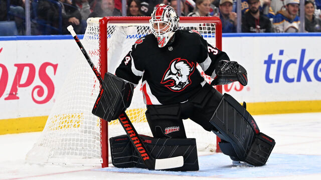 BUFFALO, NEW YORK - OCTOBER 24: Alex Lyon #34 of the Buffalo Sabres tends goal against the Toronto Maple Leafs during an NHL game at KeyBank Center on October 24, 2025 in Buffalo, New York. Buffalo won, 5-3.