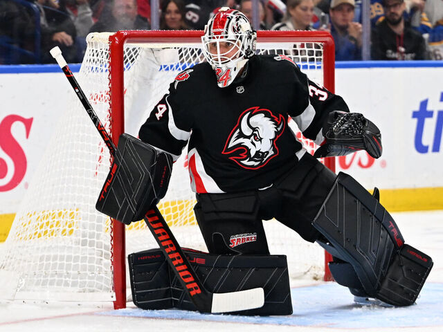 BUFFALO, NEW YORK - OCTOBER 24: Alex Lyon #34 of the Buffalo Sabres tends goal against the Toronto Maple Leafs during an NHL game at KeyBank Center on October 24, 2025 in Buffalo, New York. Buffalo won, 5-3.