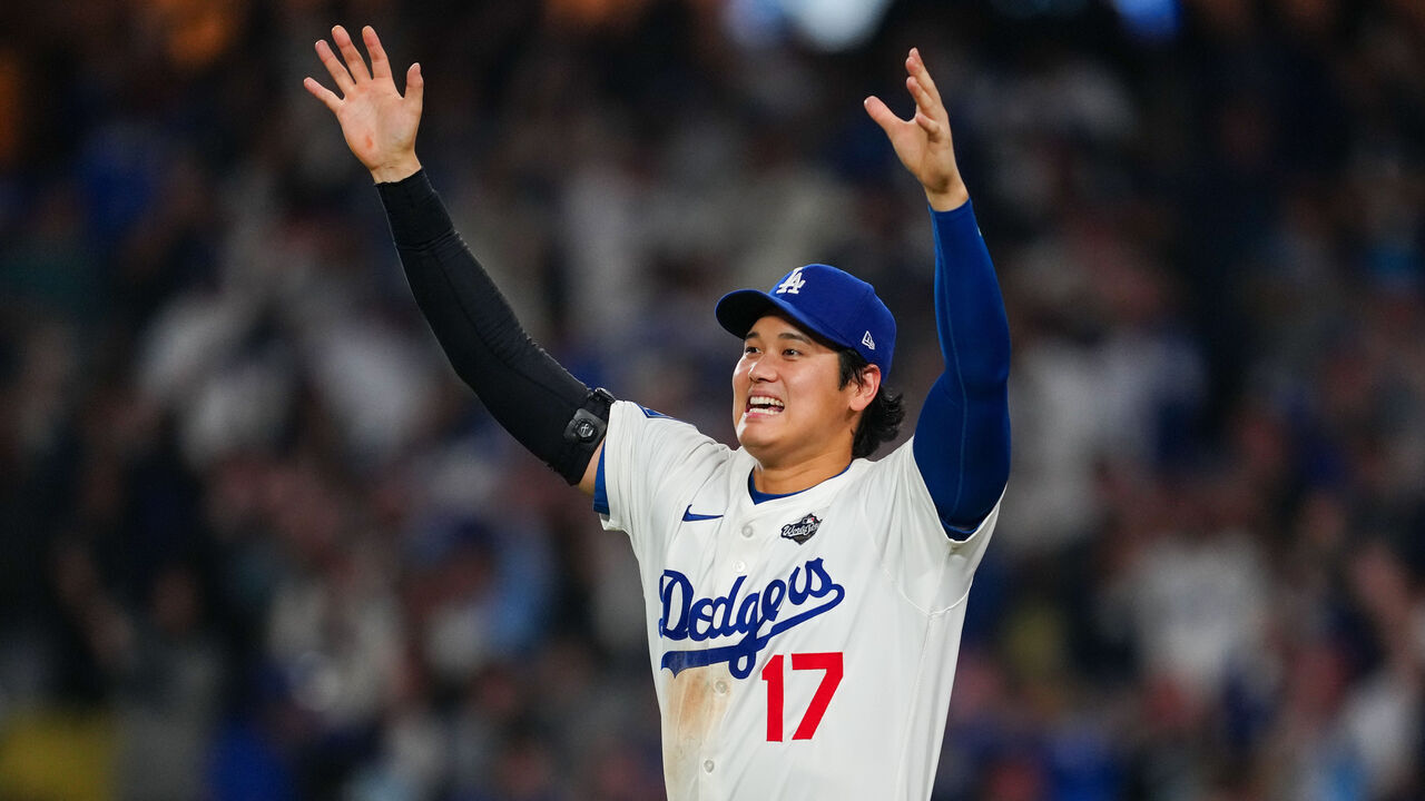 LOS ANGELES, CA - OCTOBER 27: Shohei Ohtani #17 of the Los Angeles Dodgers celebrates after defeating the Toronto Blue Jays in Game Three of the 2025 World Series presented by Capital One at Dodger Stadium on Monday, October 27, 2025 in Los Angeles, California.