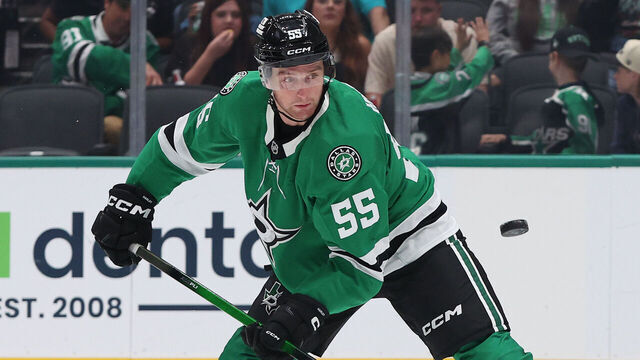 DALLAS, TEXAS - OCTOBER 04: Thomas Harley #55 of the Dallas Stars plays the puck during the first period of a preseason game against the Colorado Avalanche at American Airlines Center on October 04, 2025 in Dallas, Texas.