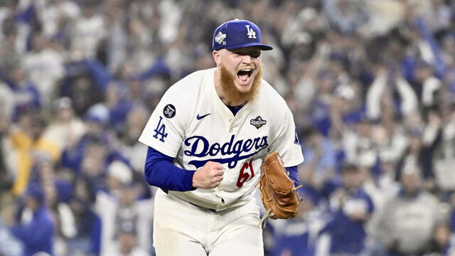Los Angeles, CA - October 27: Relief pitcher Will Klein #61 of the Los Angeles Dodgers reacts after striking out Tyler Heineman #55 of the Toronto Blue Jays in the eighthtennth inning of game 3 of a World Series baseball game at Dodger Stadium in Los Angeles on Monday, October 27, 2025.