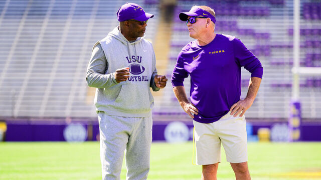 BATON ROUGE, LOUISIANA - APRIL 12: Running Backs Coach Frank Wilson and Head Coach Brian Kelly of the LSU Tigers in action during Spring Practice at Tiger Stadium on April 12, 2025 in Baton Rouge, Louisiana.