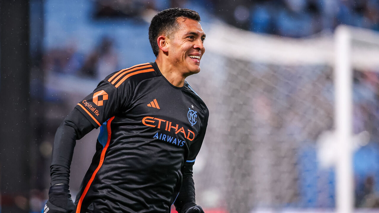 CHARLOTTE, NORTH CAROLINA - OCTOBER 28: Alonso Martínez #16 of New York City FC reacts after scoring a goal during the first half of a soccer match against Charlotte FC at Bank of America Stadium on October 28, 2025 in Charlotte, North Carolina.