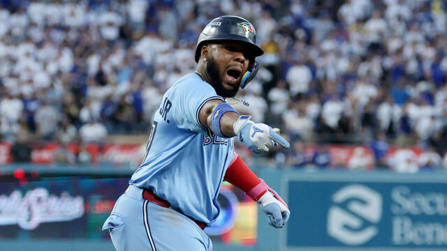 Los Angeles, CA, October, 28, 2025: Toronto Blue Jays first baseman Vladimir Guerrero Jr. (27) yells toward the Blue Jays dugout after hitting a two-run home run during the second inning of Game four of the World Series between the Los Angeles Dodgers and the Toronto Blue Jays at Dodger Stadium on Tuesday, October 28, 2025 in Los Angeles, CA. (Robert Gauthier/Los Angeles Times via Getty Images)