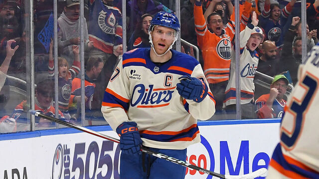 EDMONTON, CANADA - OCTOBER 28: Connor McDavid #97 of the Edmonton Oilers celebrates a second-period goal against the Utah Mammoth during the game at Rogers Place on October 28, 2025, in Edmonton, Alberta, Canada.
