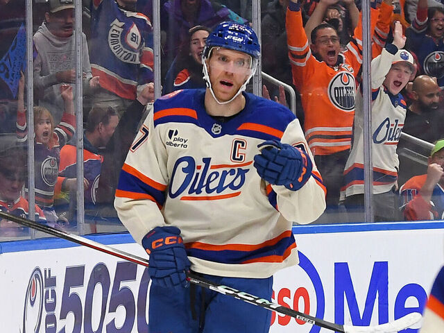EDMONTON, CANADA - OCTOBER 28: Connor McDavid #97 of the Edmonton Oilers celebrates a second-period goal against the Utah Mammoth during the game at Rogers Place on October 28, 2025, in Edmonton, Alberta, Canada.