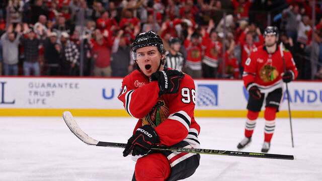 CHICAGO, IL - OCTOBER 28: Connor Bedard #98 of the Chicago Blackhawks celebrates after scoring a hat trick during the third period against the Ottawa Senators on October 28, 2025 at the United Center in Chicago, Illinois.