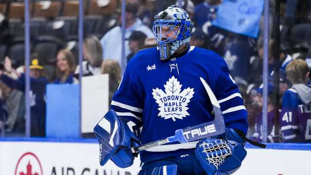 TORONTO, CANADA - OCTOBER 28: Anthony Stolarz #41 of the Toronto Maple Leafs warms-up before playing against the Calgary Flames at the Scotiabank Arena on October 28, 2025 in Toronto, Ontario, Canada.