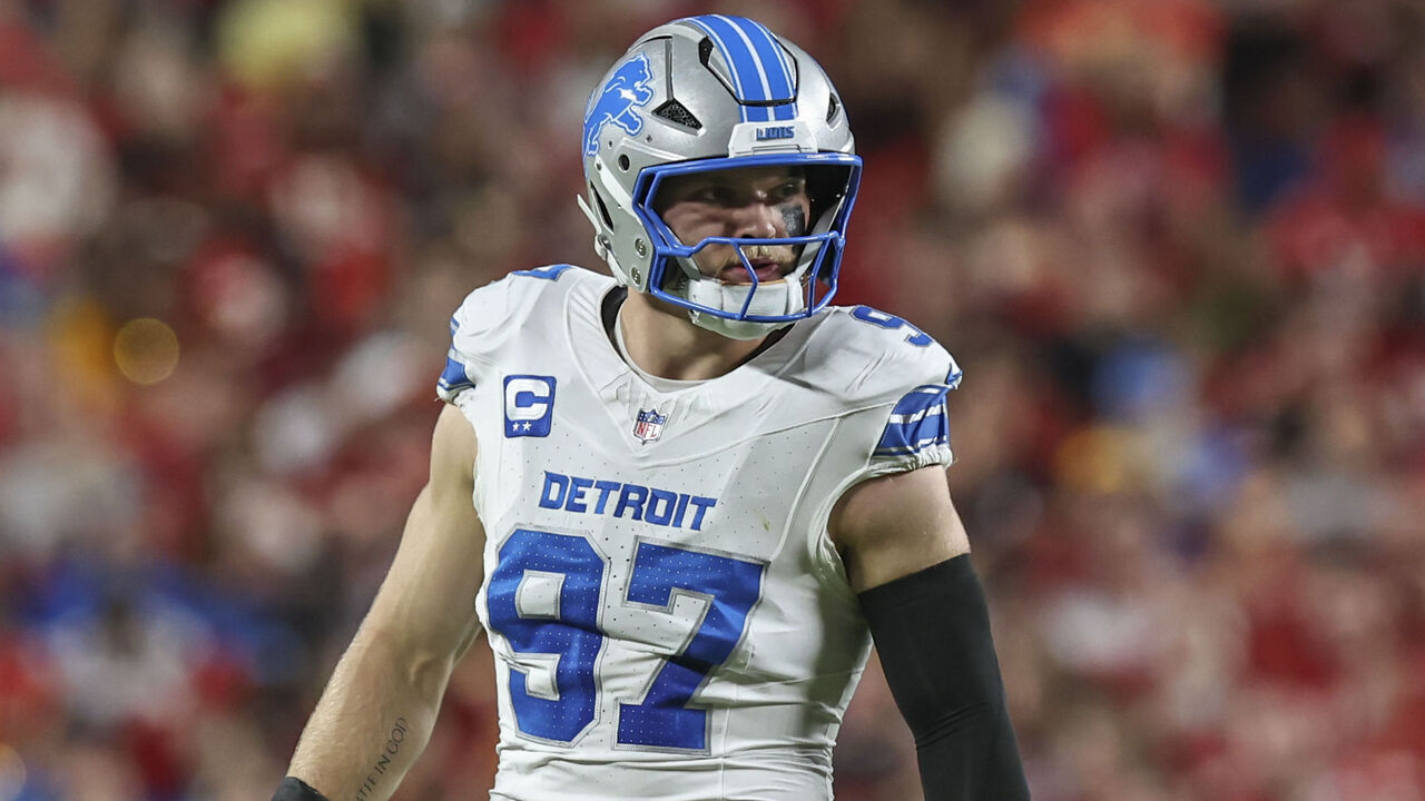 KANSAS CITY, MO - OCTOBER 12: Detroit Lions defensive end Aidan Hutchinson (97) in the second quarter of an NFL game between the Detroit Lions and Kansas City Chiefs on October 12, 2025 at GEHA Field at Arrowhead Stadium in Kansas City, MO.