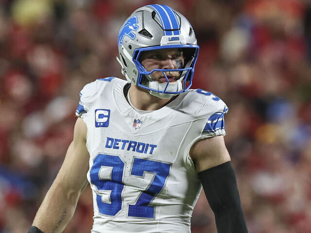 KANSAS CITY, MO - OCTOBER 12: Detroit Lions defensive end Aidan Hutchinson (97) in the second quarter of an NFL game between the Detroit Lions and Kansas City Chiefs on October 12, 2025 at GEHA Field at Arrowhead Stadium in Kansas City, MO.