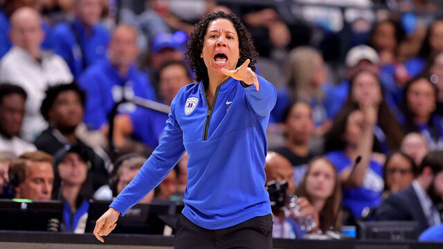 BIRMINGHAM, ALABAMA - MARCH 28: Head coach Kara Lawson of the Duke Blue Devils reacts during fourth quarter against the North Carolina Tar Heels in the Sweet Sixteen round of the 2025 NCAA Women's Basketball Tournament held at Legacy Arena at the BJCC on March 28, 2025 in Birmingham, Alabama.