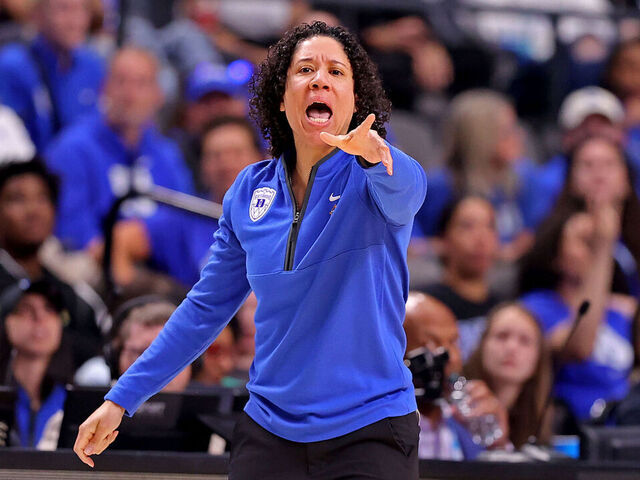 BIRMINGHAM, ALABAMA - MARCH 28: Head coach Kara Lawson of the Duke Blue Devils reacts during fourth quarter against the North Carolina Tar Heels in the Sweet Sixteen round of the 2025 NCAA Women's Basketball Tournament held at Legacy Arena at the BJCC on March 28, 2025 in Birmingham, Alabama.