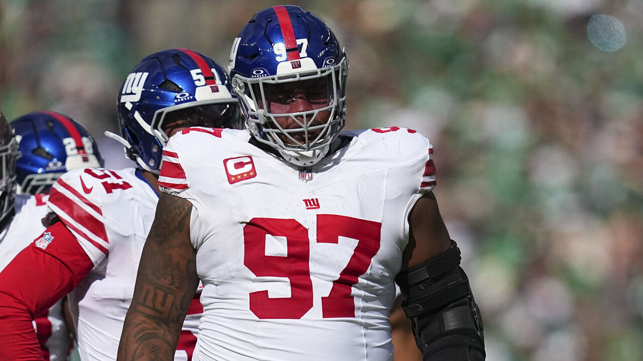 PHILADELPHIA, PENNSYLVANIA - OCTOBER 26: Dexter Lawrence II #97 of the New York Giants looks on against the Philadelphia Eagles at Lincoln Financial Field on October 26, 2025 in Philadelphia, United States.