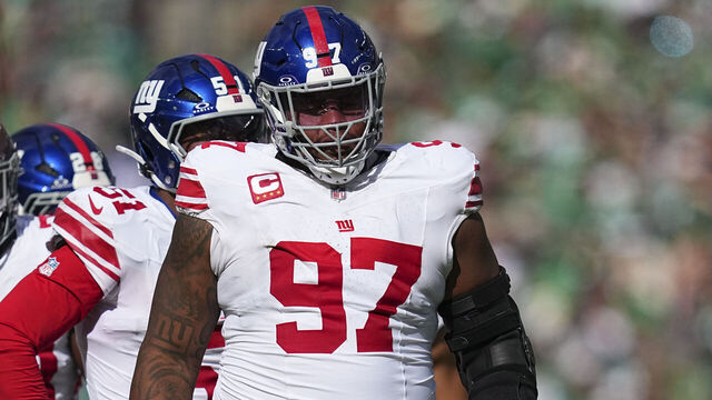 PHILADELPHIA, PENNSYLVANIA - OCTOBER 26: Dexter Lawrence II #97 of the New York Giants looks on against the Philadelphia Eagles at Lincoln Financial Field on October 26, 2025 in Philadelphia, United States.