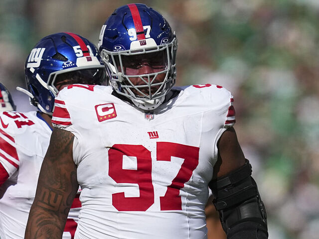 PHILADELPHIA, PENNSYLVANIA - OCTOBER 26: Dexter Lawrence II #97 of the New York Giants looks on against the Philadelphia Eagles at Lincoln Financial Field on October 26, 2025 in Philadelphia, United States.